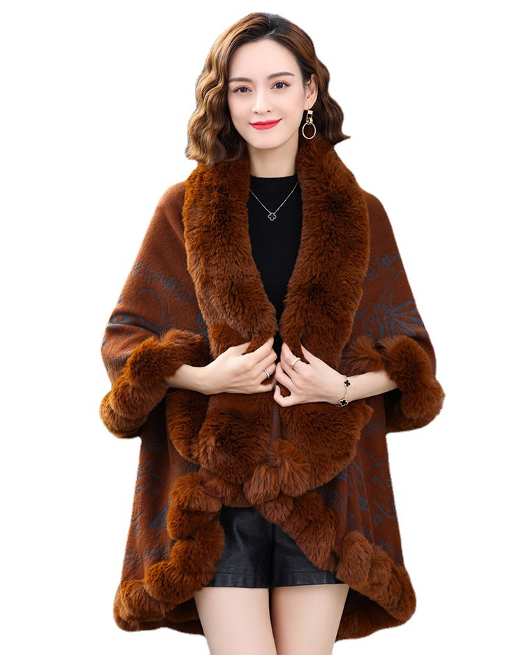 Fur collar cape cape ladies plus-size jacquard knit cardigan loose coat_voghion.com