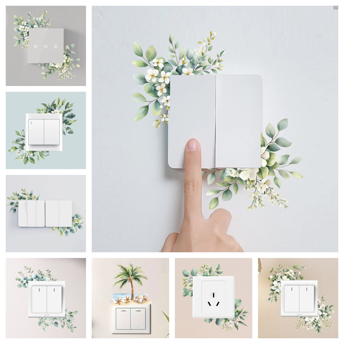 Green Flower Series Switch Stickers Home Room Tv Wall Small Fresh Switch Socket Wall Decoration Stickers