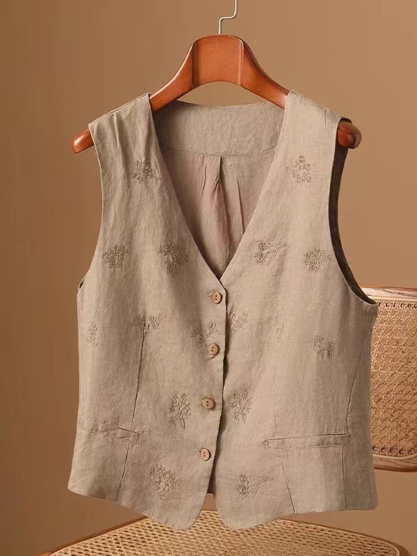 2025 夏薄いリネンレイヤードベスト女性の新しい中国風の刺繍花ベストチョッキジャケット|undefined