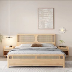 藤編實木床現代簡約單人床1.5米日式原木風小戶型臥室公寓雙人床