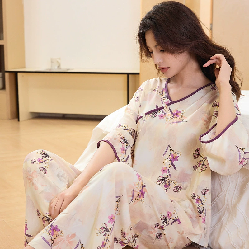 Новая китайская пижама женская весенняя, летняя и осенняя новая хлопковая шелковая пряжка из семи рукавов брюки сладкая национальная одежда