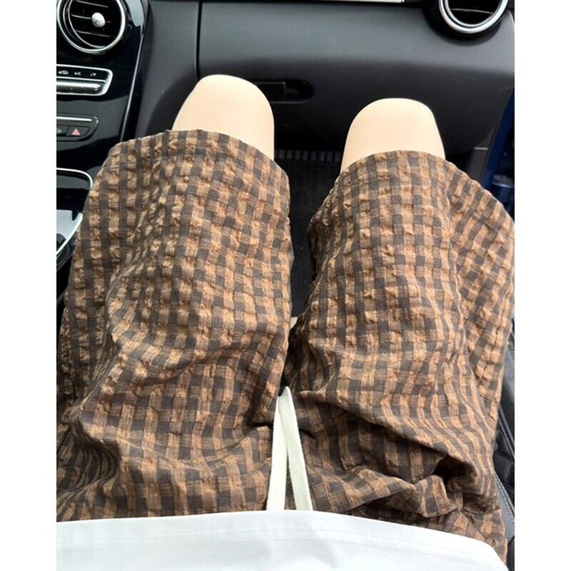 Brown Seersucker Sports Shorts Men's Summer Ice Silk Quick-Drying Plaid Five-Point Pants Lazy Style Loose Casual Pants