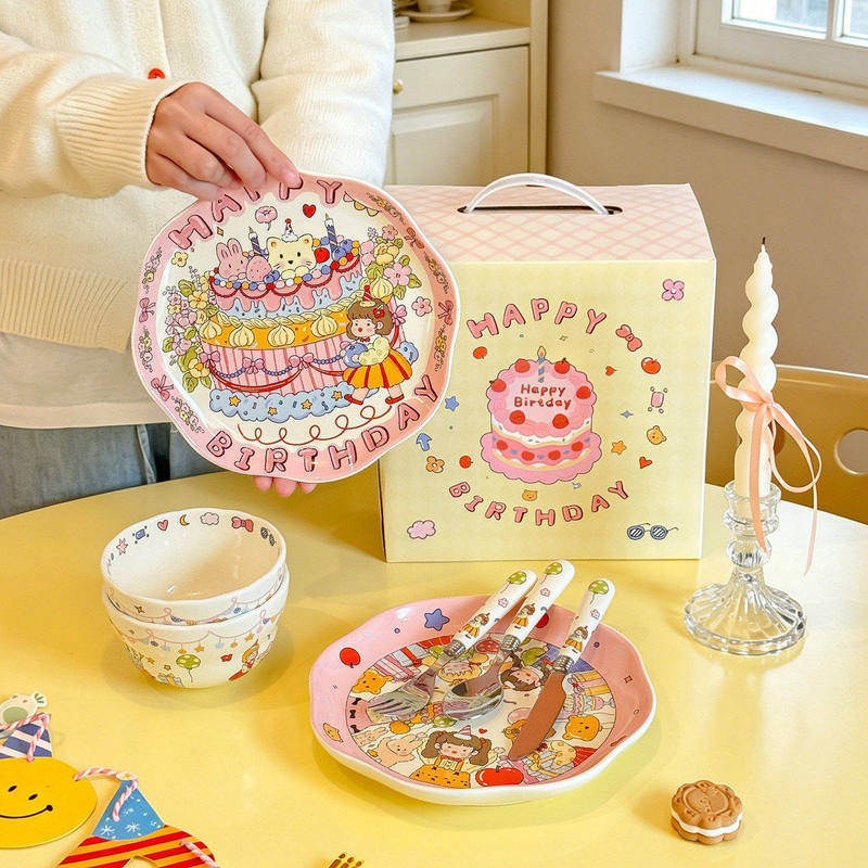 Cute bowl and plate set, ceramic tableware for home use, high aesthetic value bowl, plate, rice bowl set, birthday gift box