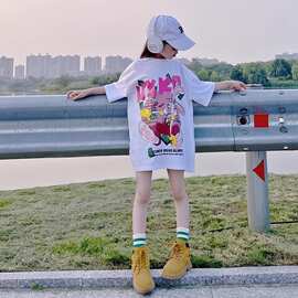 网红女童韩版2024新款夏装上衣中大童洋气时髦中长裤卡通短袖T恤