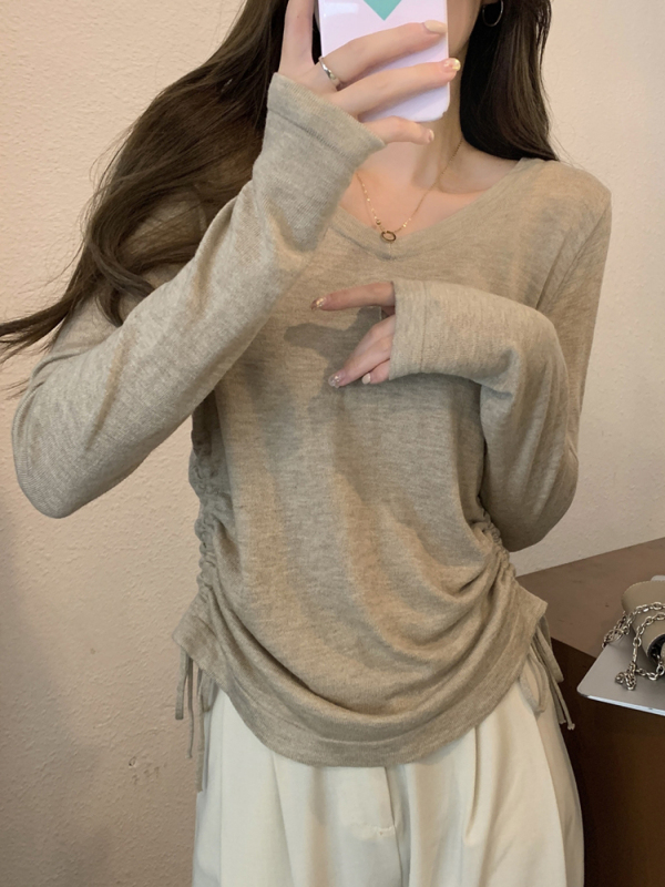收腰甜辣V领针织衫女不规则上衣2025春秋双侧抽绳内搭长袖打底衫1|undefined