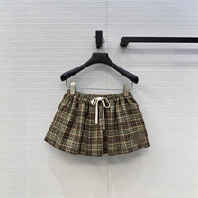 深圳南油高端女装格纹宽松英伦复古短裙学院风抽绳松紧高腰半身裙