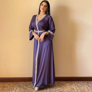 2024 Cross Border Purple Long Sleeve V-Neck Diamond Set Loose Middle Eastern Women Arab dress