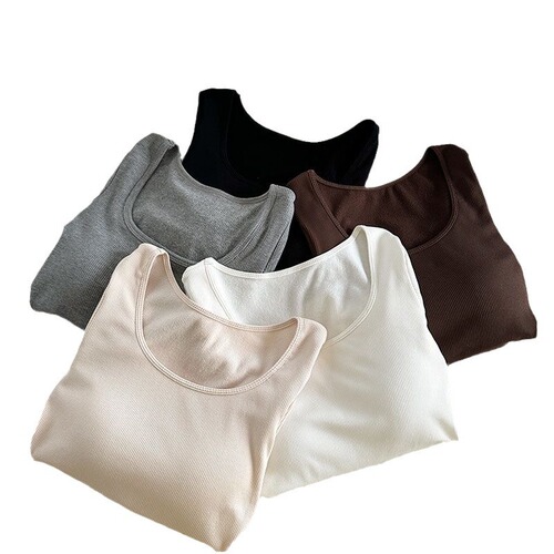 Autumn/Winter Square Collar Napped Long-Sleeve T-Shirt with Breast Pad Warm Innerwear for Women, Thick Inner Layer, Fitted Base Shirt Top