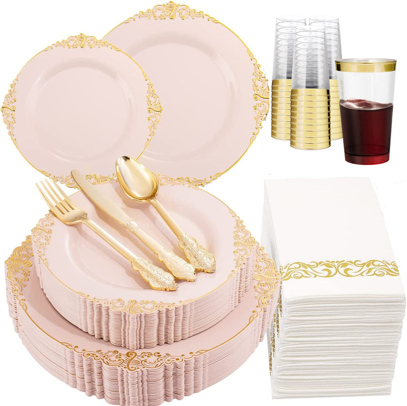70-Piece Set of Export Plastic Dinner Plates with Gold Embossed Dragon Pattern, Gold-Rimmed Plates, Wine Glasses, Knives, Forks, and Spoons, Ps Hard Plastic for Cross-Border