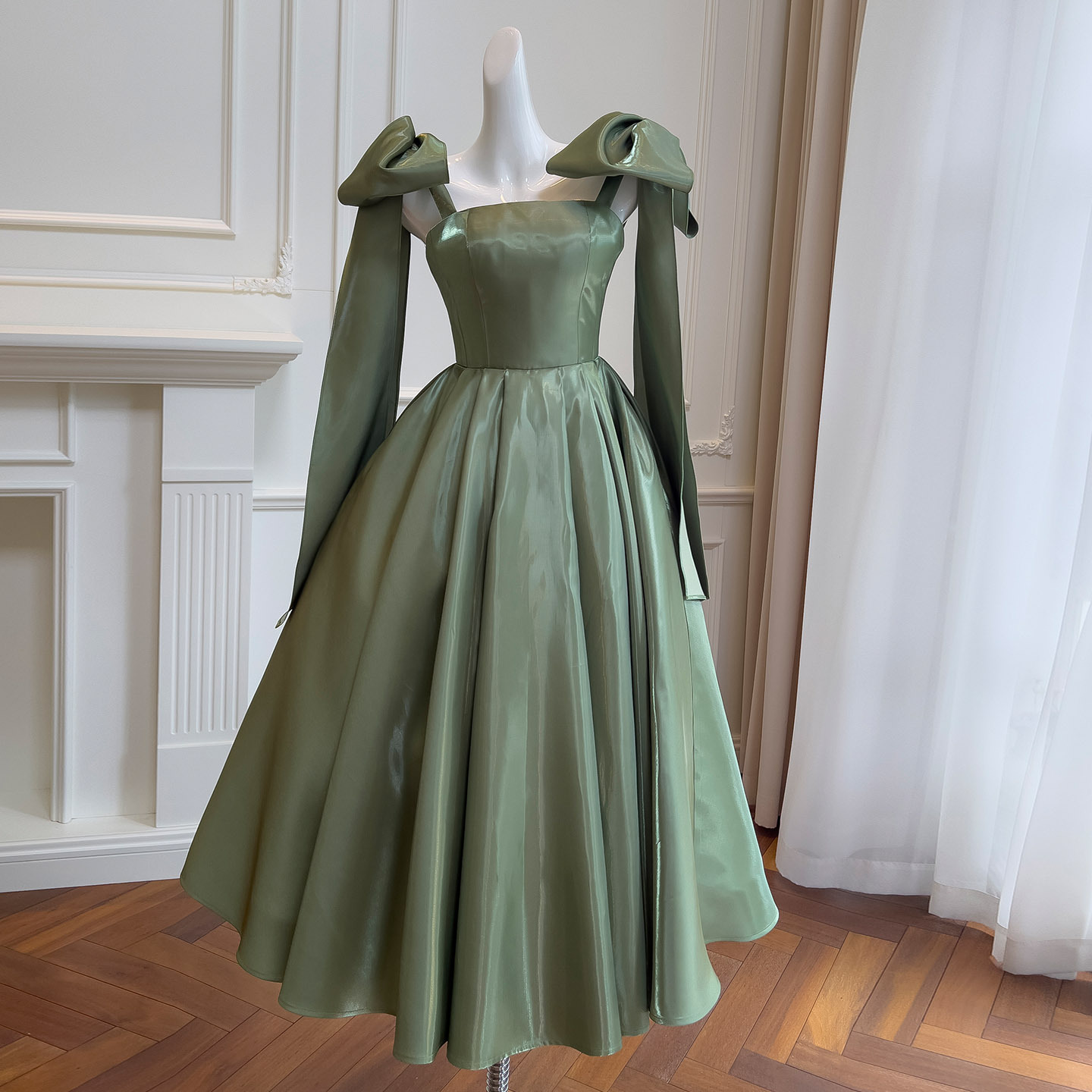 French Retro Glass Green Bow Strapless Dress Puff Sleeve Camisole Mini Dress 69367