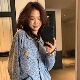 METWO海岛绒豹纹Kitty加厚睡衣女网红ins风长袖长袖保暖家居服冬