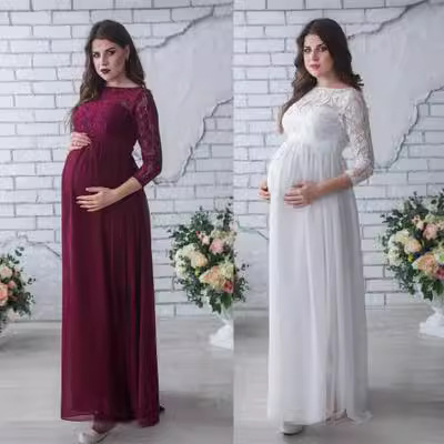 Sleek, Hot-Selling Lace-Mesh Chiffon Floor-Length Maternity Dress in European and American Styles