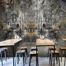 复古水泥灰壁纸工业风loft酒吧奶茶店壁画网咖服装店字母涂鸦墙纸
