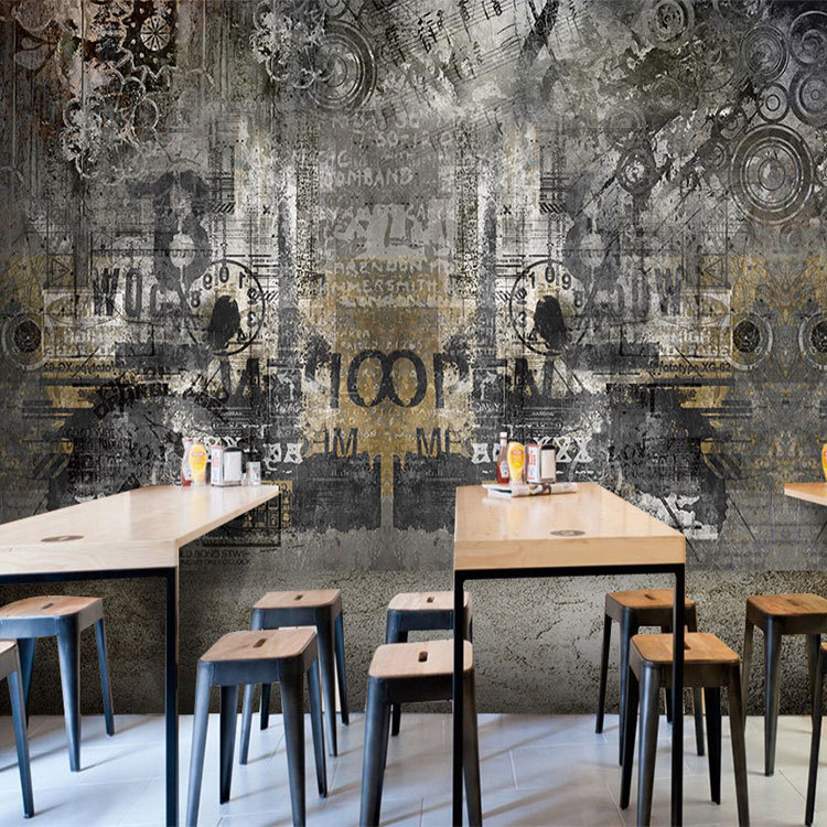 复古水泥灰壁纸工业风loft酒吧奶茶店壁画网咖服装店字母涂鸦墙纸