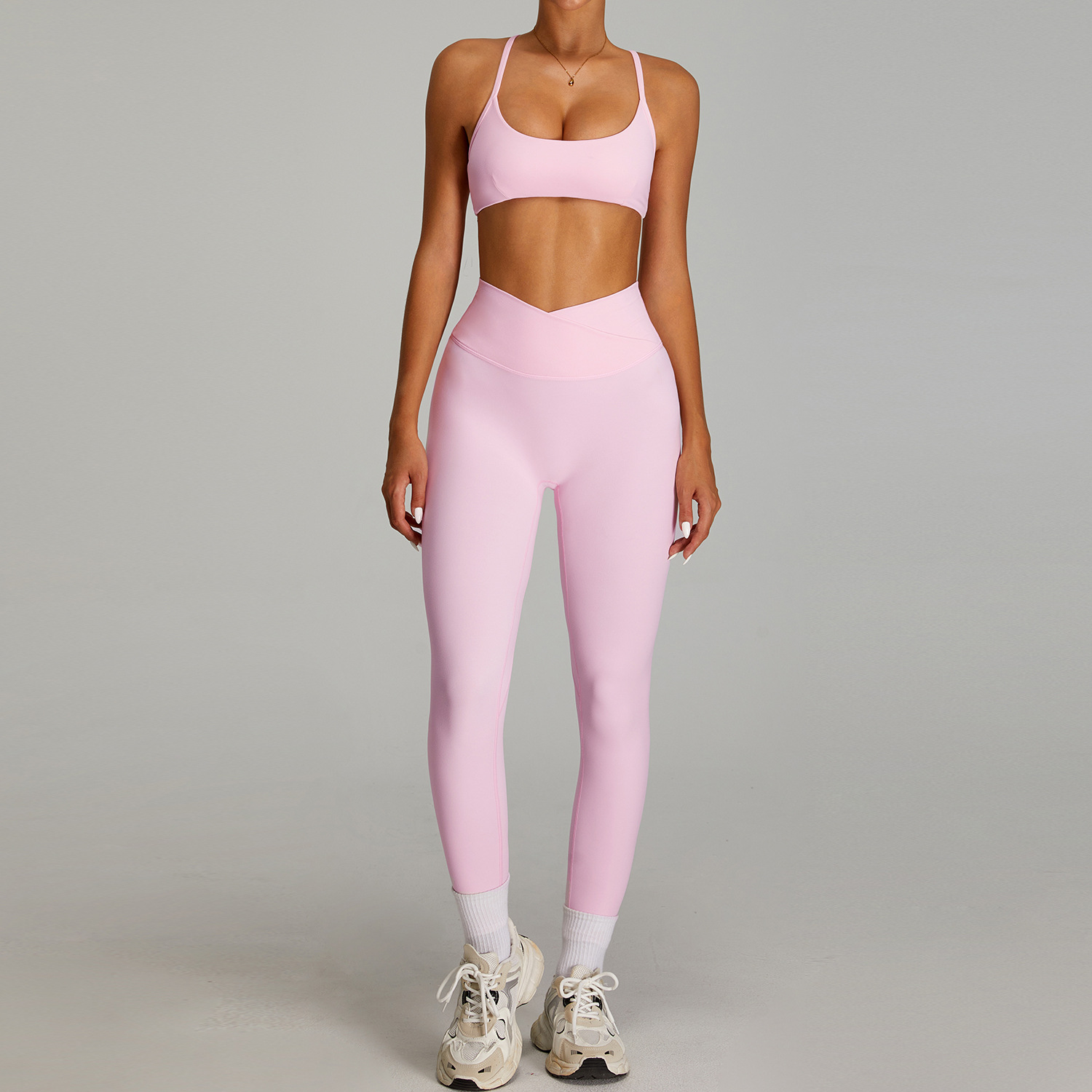 Traje de ropa de yoga desnuda de cintura alta cruzada transfronteriza, ropa de fitness ajustada de secado rápido para mujer, traje de carrera para deportes al aire libre