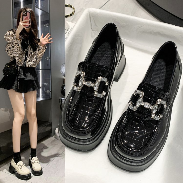 厚底玛丽珍小皮鞋女2025年新款英伦风松糕底金属水钻链条乐福单鞋