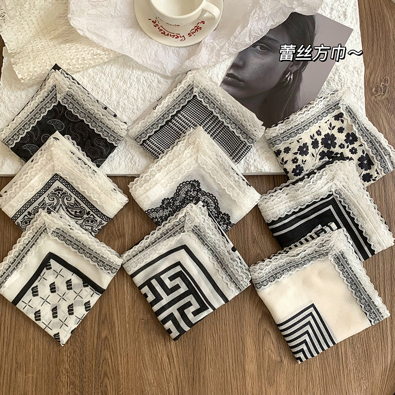 Pañuelo de seda de anacardo a rayas de encaje romántico francés, bufanda triangular, bufanda cuadrada, protección solar de primavera y verano, bufanda pequeña decorativa de Baotou