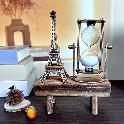 1047 Creative Retro Iron Tower Hourglass Decor, Minimalist Modern Home Study Wooden Base Hourglass Ornament