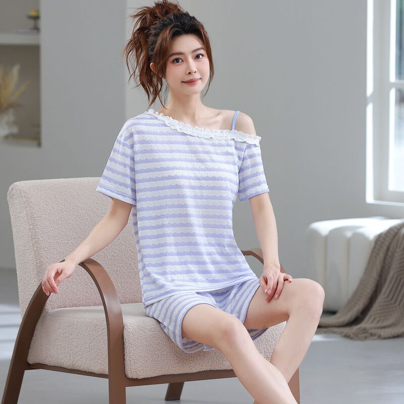 【Shengbei Cross-Border Selection】202 Spring/Summer New Short-Sleeve Shorts and Half-Strap Trendy Loungewear with Round Neck