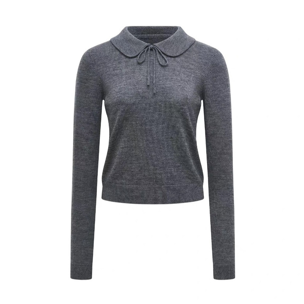 娃娃领系带全羊毛针织衫毛衣上衣女