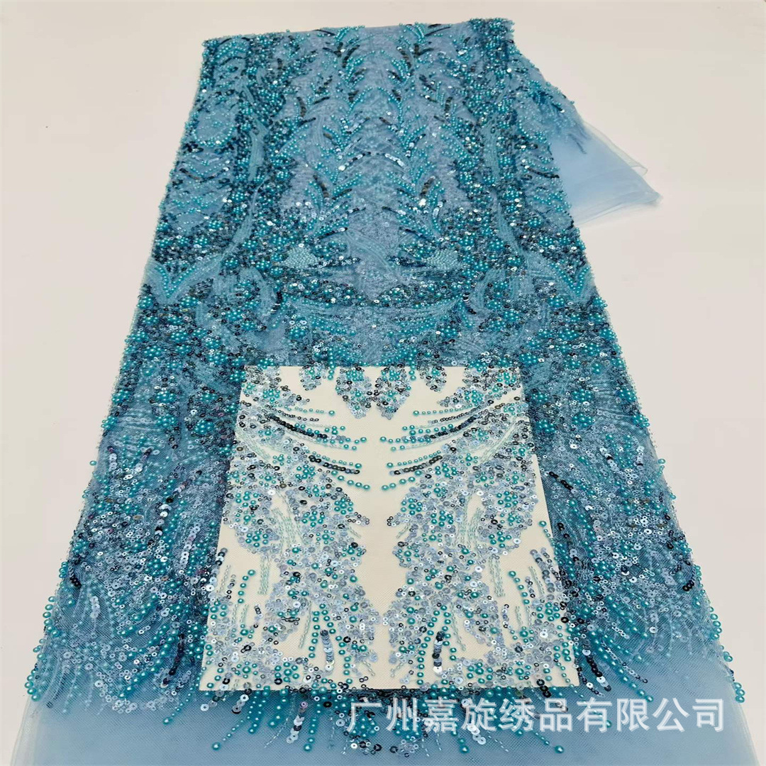 Tela de encaje francés rojo brillante con lentejuelas y bordados para vestidos de novia.