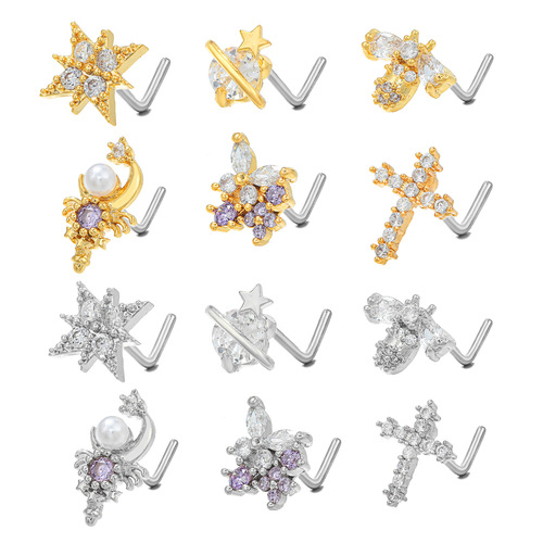 European and American fashionable pierced L-bar stainless steel nose nails for women, geometric micro-paved zircons, simple and exquisite nose ornaments wholesale