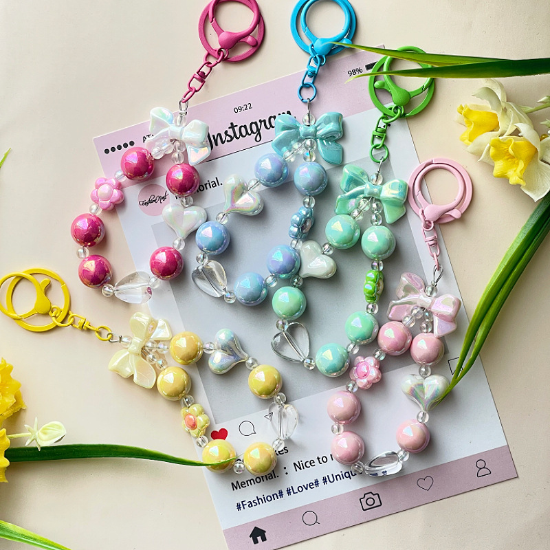 Creative Fresh Candy-Colored Plated Beaded Keychain with Bow and Heart Keychain, Bag Charm, Bracelet