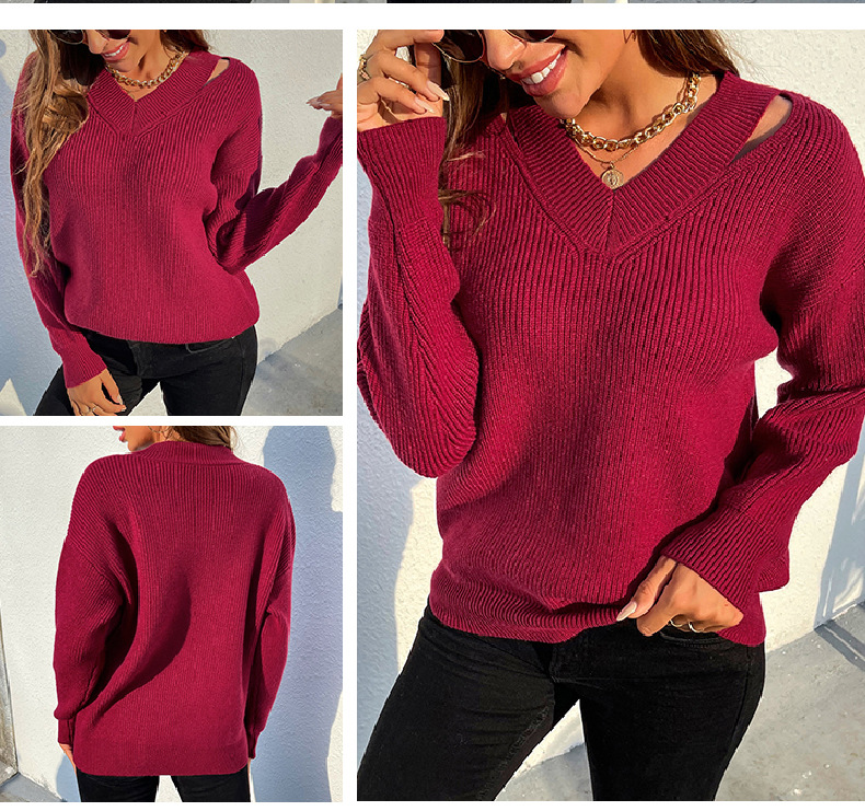  V-neck hollow solid color sweaters nihaostyles wholesale clothing NSMMY82936