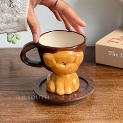 中古风手作浮雕趣萌棕狗狗高脚陶瓷杯马克杯拉花拿铁杯咖啡杯礼物