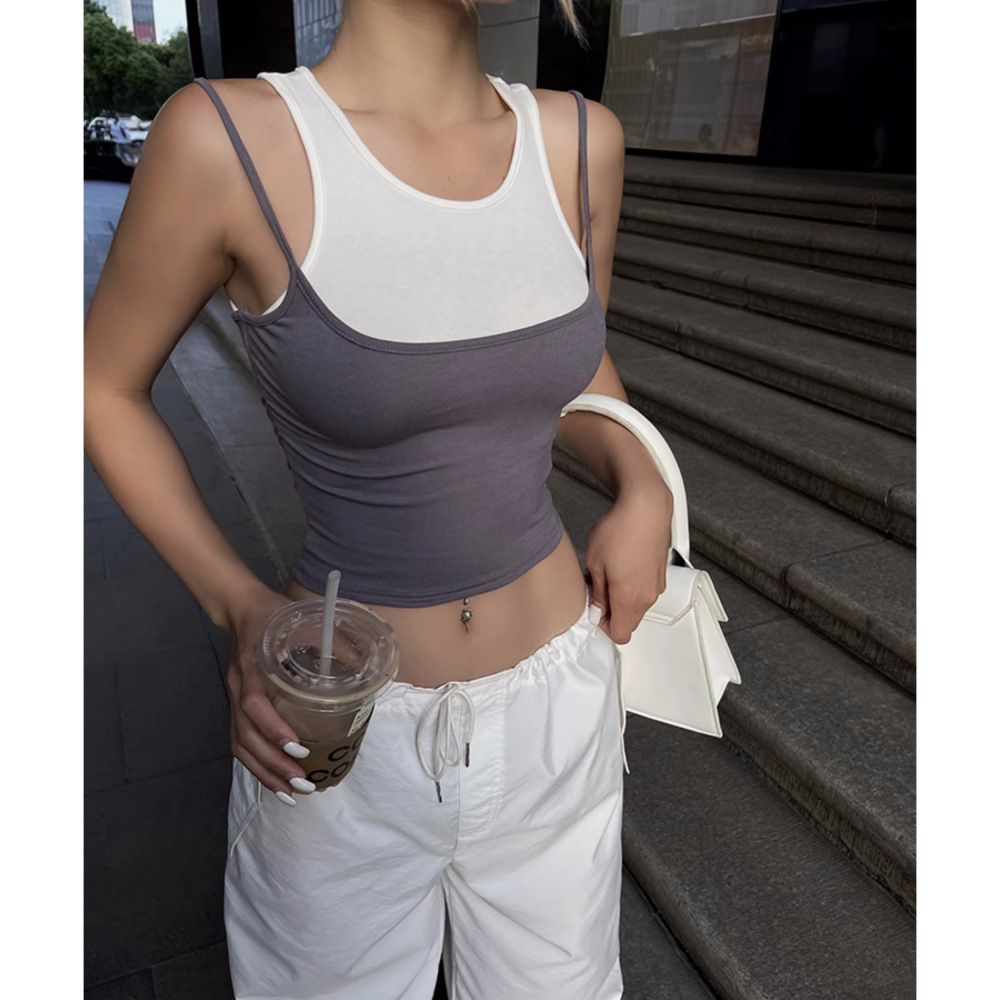 撞色假兩件吊帶健身背心女瑜伽無袖休閒性感修身露腰短款上衣1448