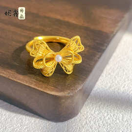 新中式古法沙金珍珠花丝蝴蝶结戒指女在逃公主久不掉色小众指环