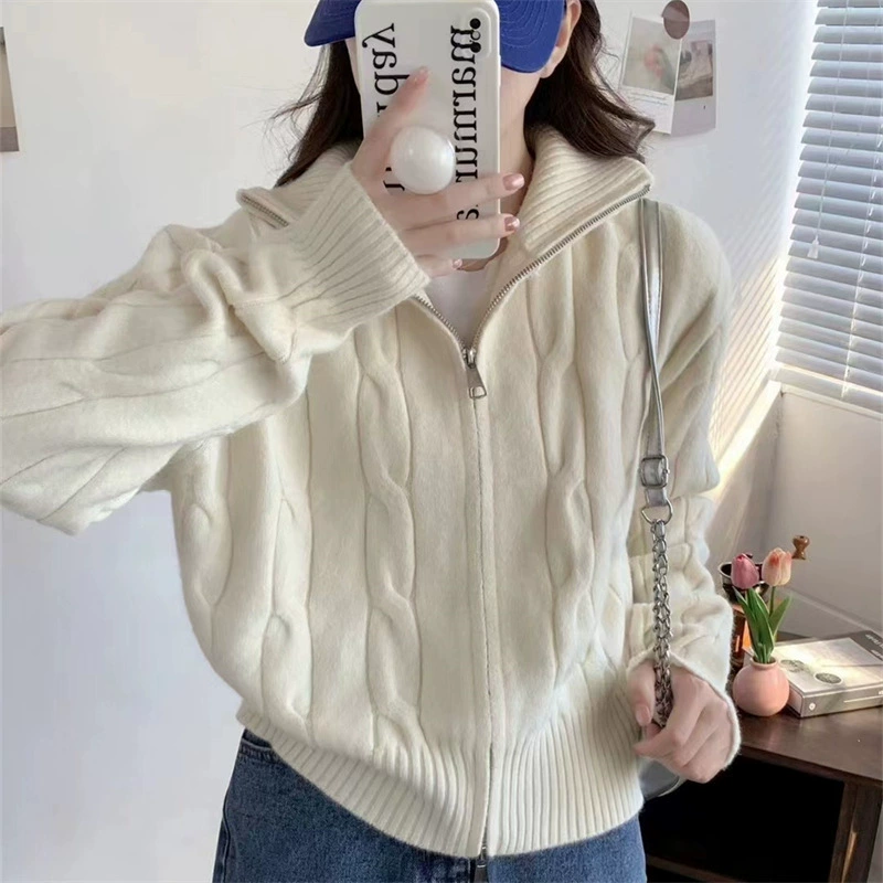 KANING Корейский воротник с двойным застежкой-молнией свитер женский 2025 дизайн ленивый нишевые свитер женский