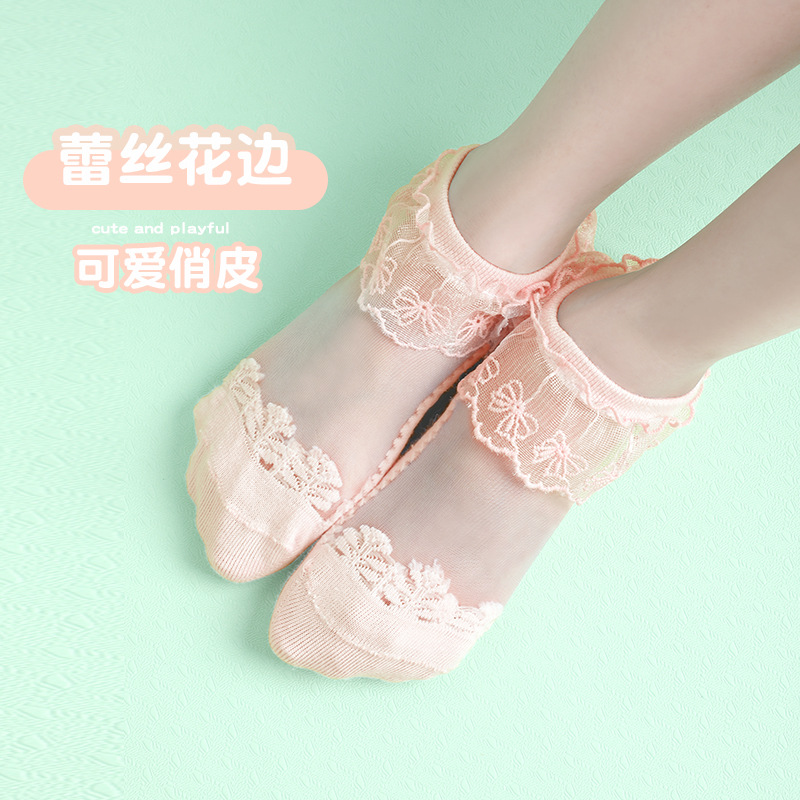 Calcetines cortos de verano para niñas, transpirables, de malla fina con encaje, con lazo sin costuras y encaje de princesa hasta la pantorrilla.