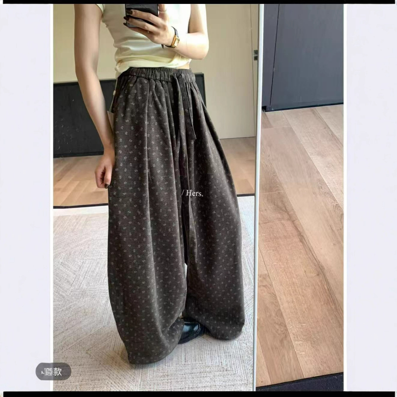 1026-6   韩系小碎花加厚加绒阔腿休闲裤