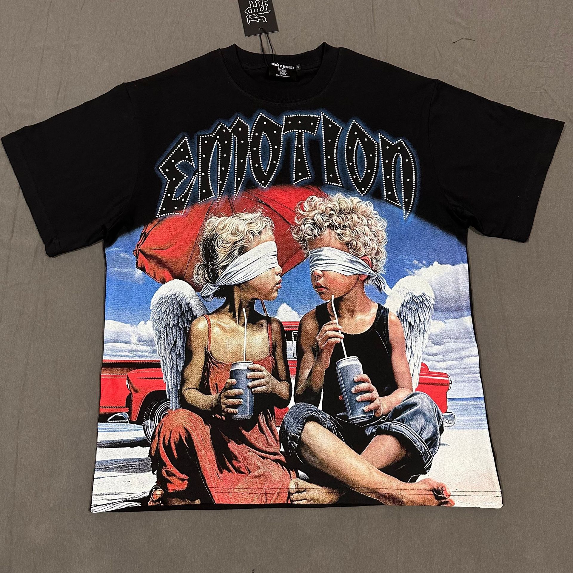 Transfronterizos MIXED EMOTION Ángel Impresión extraterrestre camiseta de hombre y mujer callejera de diamante de cuello redondo de manga corta