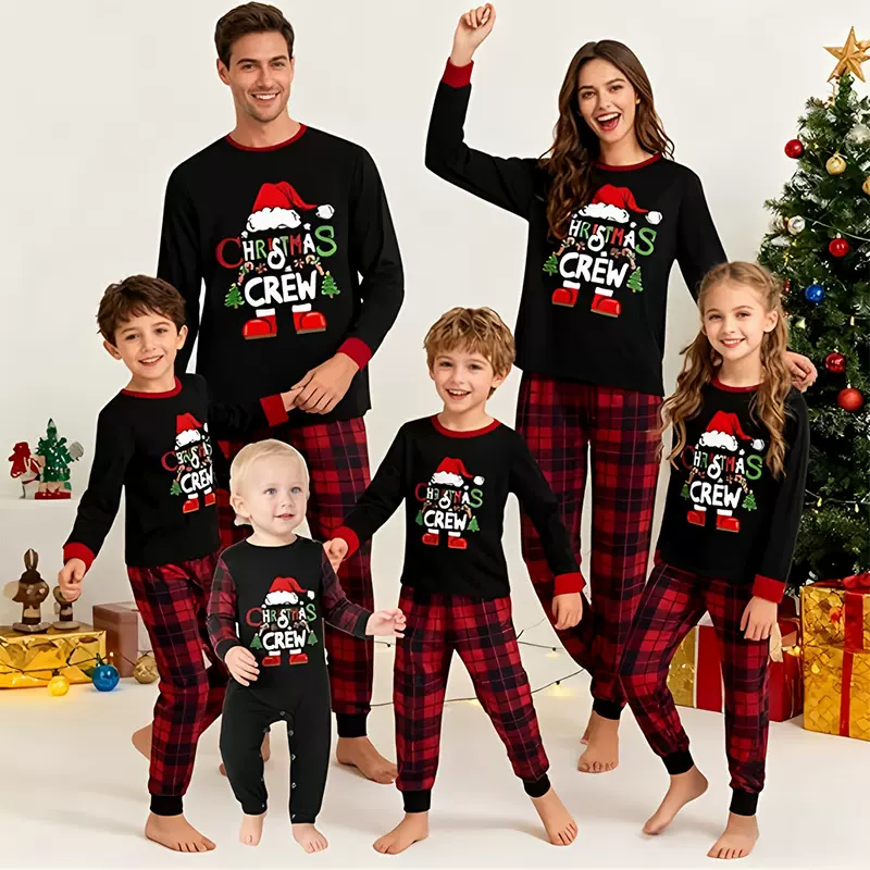 亚马逊新款圣诞全家装亲子装家居服宠物衣服正肩束口红黑格子睡衣