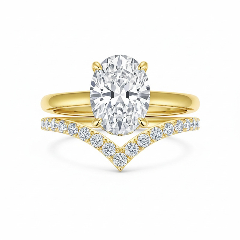 Cross-Border Ultra-Shiny 5A Oval Zircon Ring Set for Women, Copper Plated with 14K Real Gold, High-End Luxury Design Jewelry