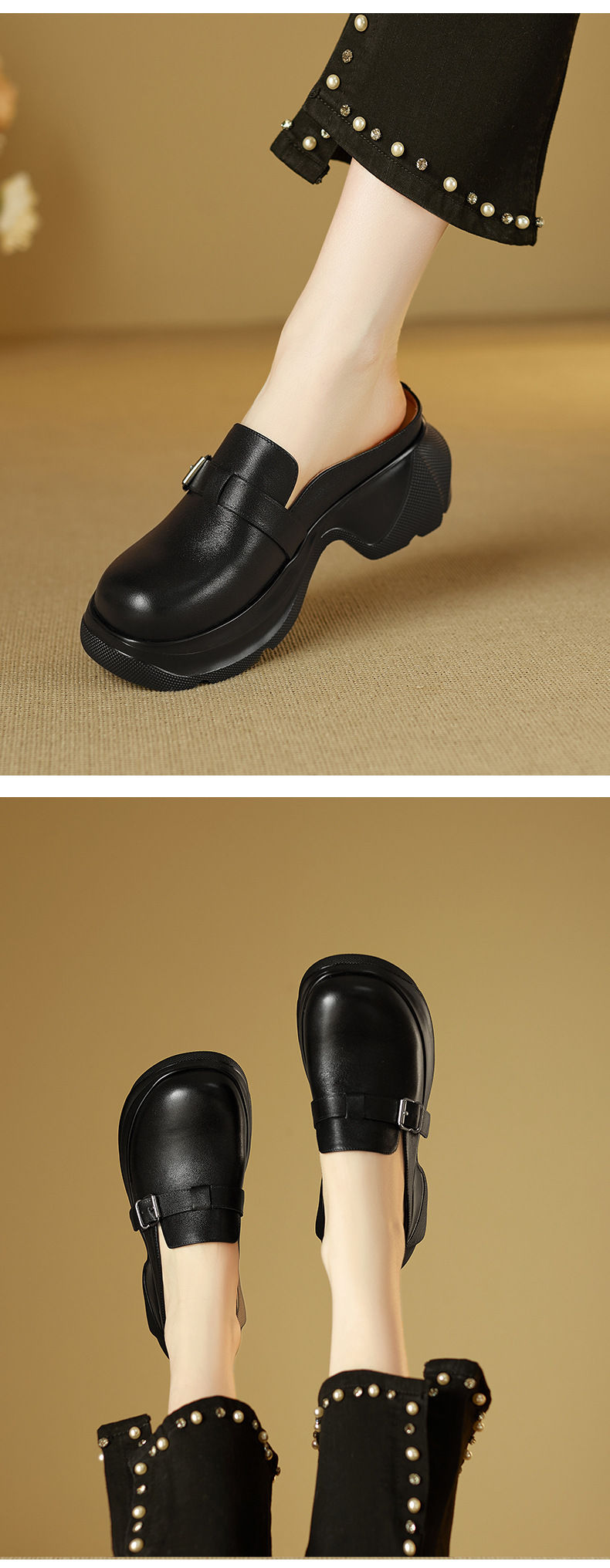 Dép sandal nữ mũi nhọn da bò thật đế dày gót cao 7 cm — đen chi tiết 6