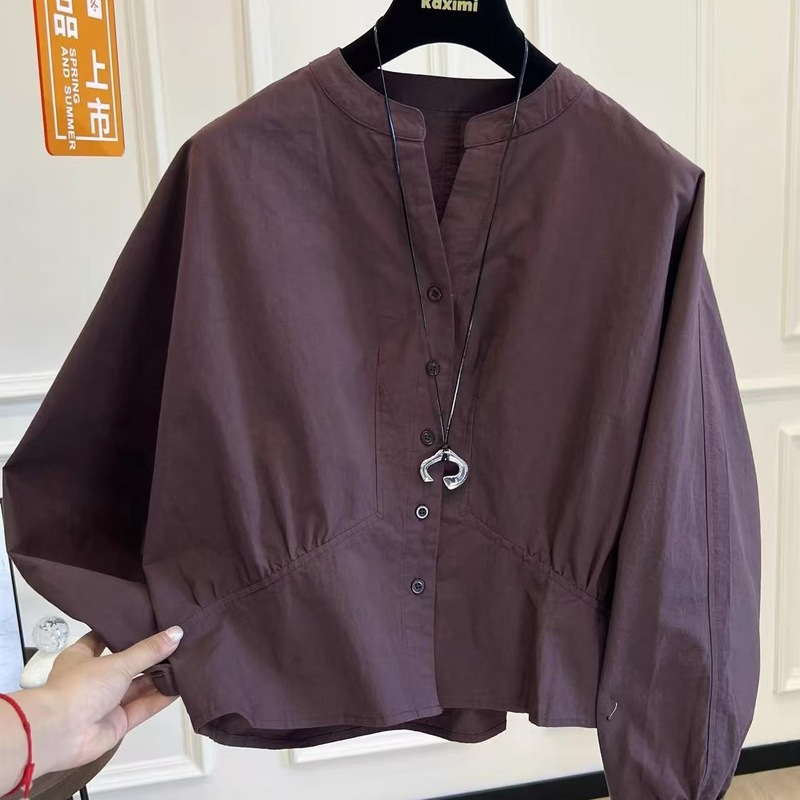 韩系休闲秋季新款时尚小众设计感蝙蝠袖衬衫宽松圆领显瘦好看上衣|undefined