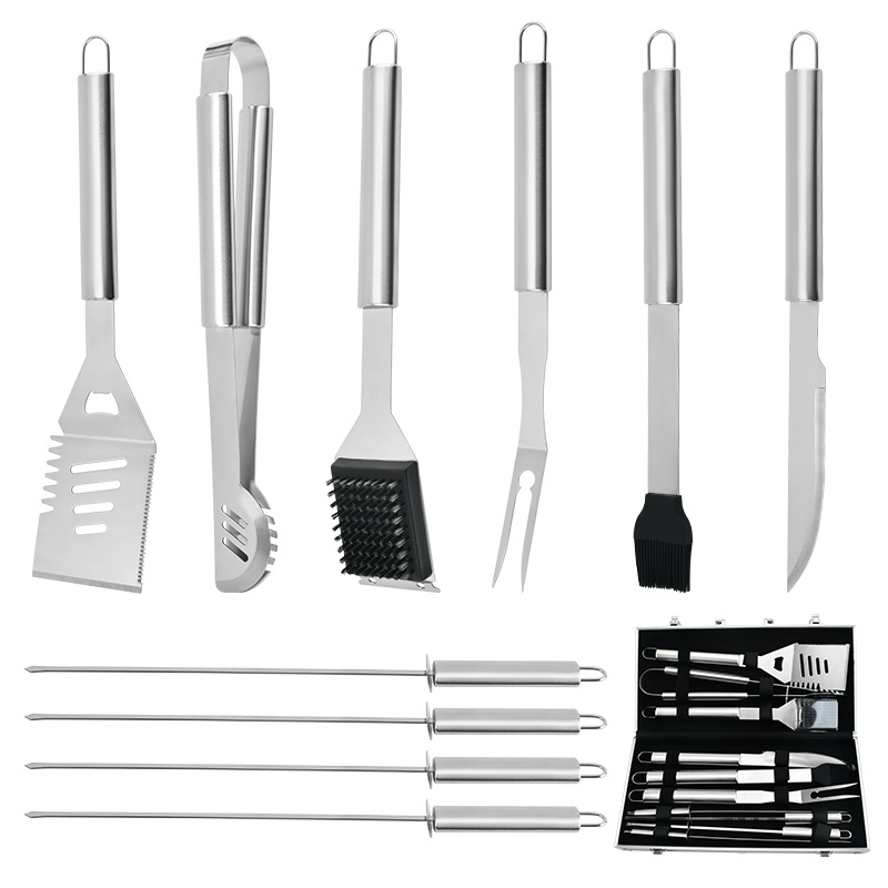 Stainless steel BBQ cooking tools set Outdoor iron griddle set with tongs, spatulas, and turners - 26 piece set in aluminum box, 10