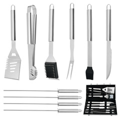 Stainless steel BBQ cooking tools set Outdoor iron griddle set with tongs, spatulas, and turners - 26 piece set in aluminum box, 10