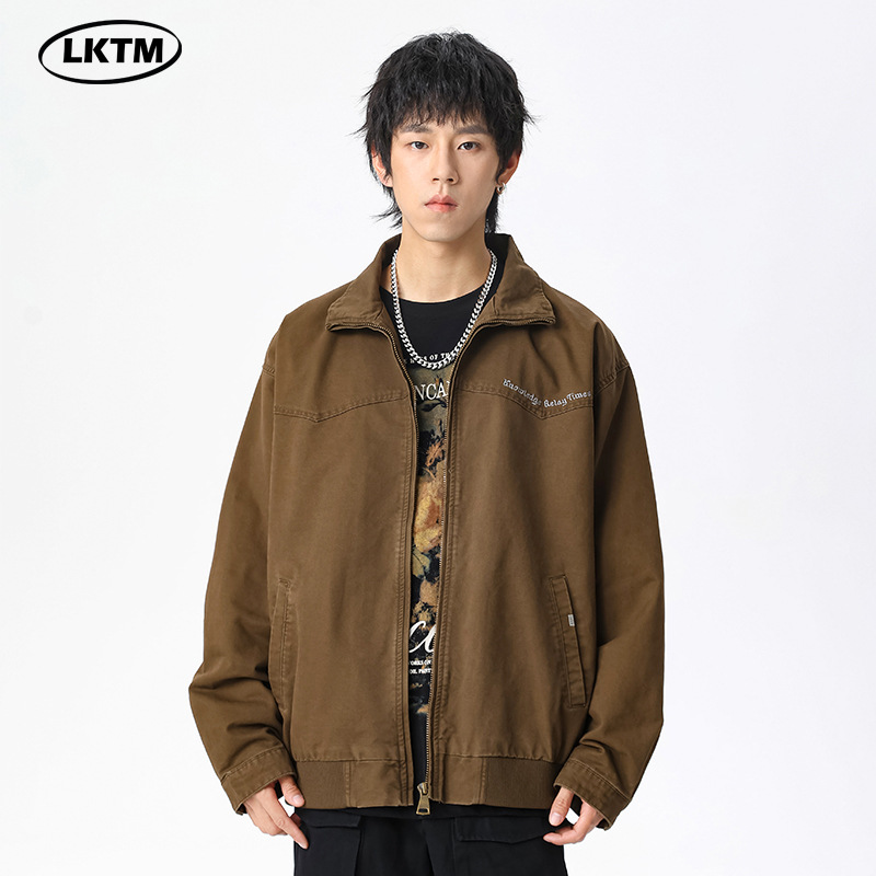 LKTM男装#秋冬季立领宽松复古水洗工装夹克重磅300g字母刺绣外套