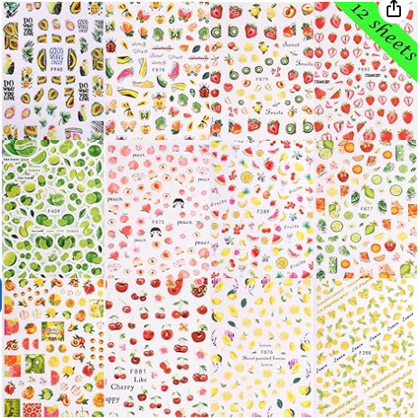 Cross-Border Manicure Fruit Series Strawberry Lemon Watermelon Cherry Fruit Nail Stickers Sticker 12Pcs Set