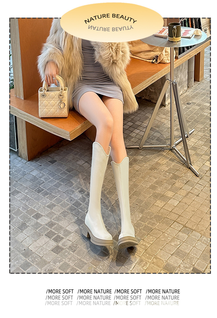 Bottes Slim élastiques pour femmes, avec bouche en V surélevée, fond épais, bottes hautes blanches, nouvelle collection automne/hiver 2024_voghion.com