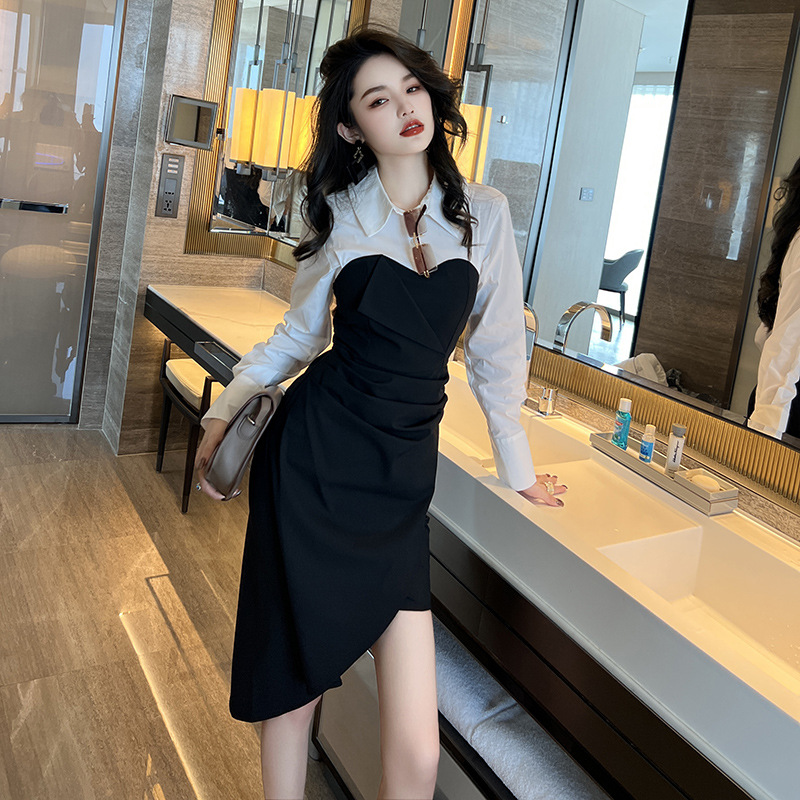 Váy sơ mi giả hai mảnh nữ phong cách Hepburn cổ điển, tay lỡ không đều — Màu đen