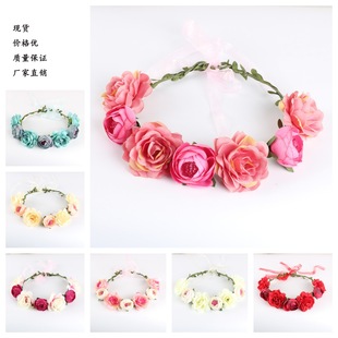 2024 European and American New Headwear Bohemian Beach Rose Flower Hair Hoop Bride Bridesmaid Wreath Hair Band Wholesale
