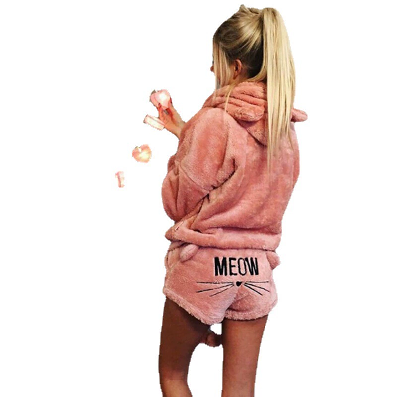 Осень 2020, Европейская и американская Amazon AliExpress, женская пижама с вышивкой кошек, повседневный костюм с капюшоном, комплект из двух предметов