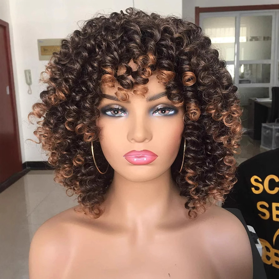 Peluca europea y americana transfronteriza peluca femenina fábrica al por mayor Africana pequeña cabeza de explosión de pelo rizado multicolor Peluca de fibra química cubierta de la cabeza completa
