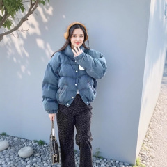 現物金知尼空港同服青い綿服ゆるいコートカウボーイ立襟パン綿服女2024冬