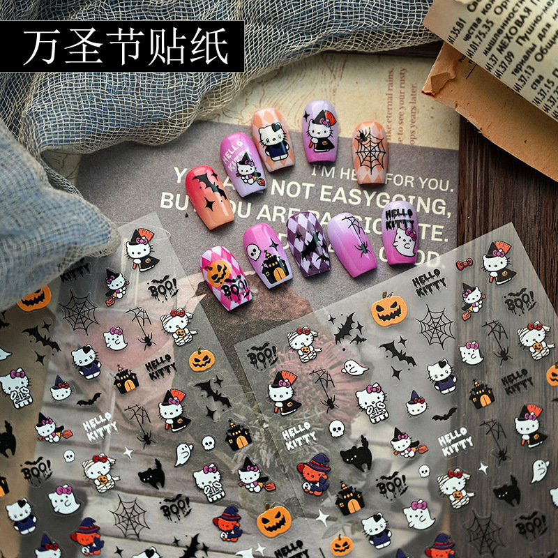 Halloween Nail Art Stickers Cute Cartoon Cat Katie Bow Spider Bat Pumpkin Nail Sticker Decorations